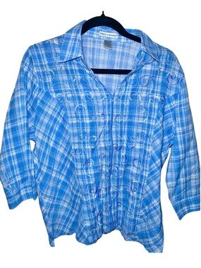 Rebecca Malone Womens Top Blouse Blue White Floral Checkered Size L